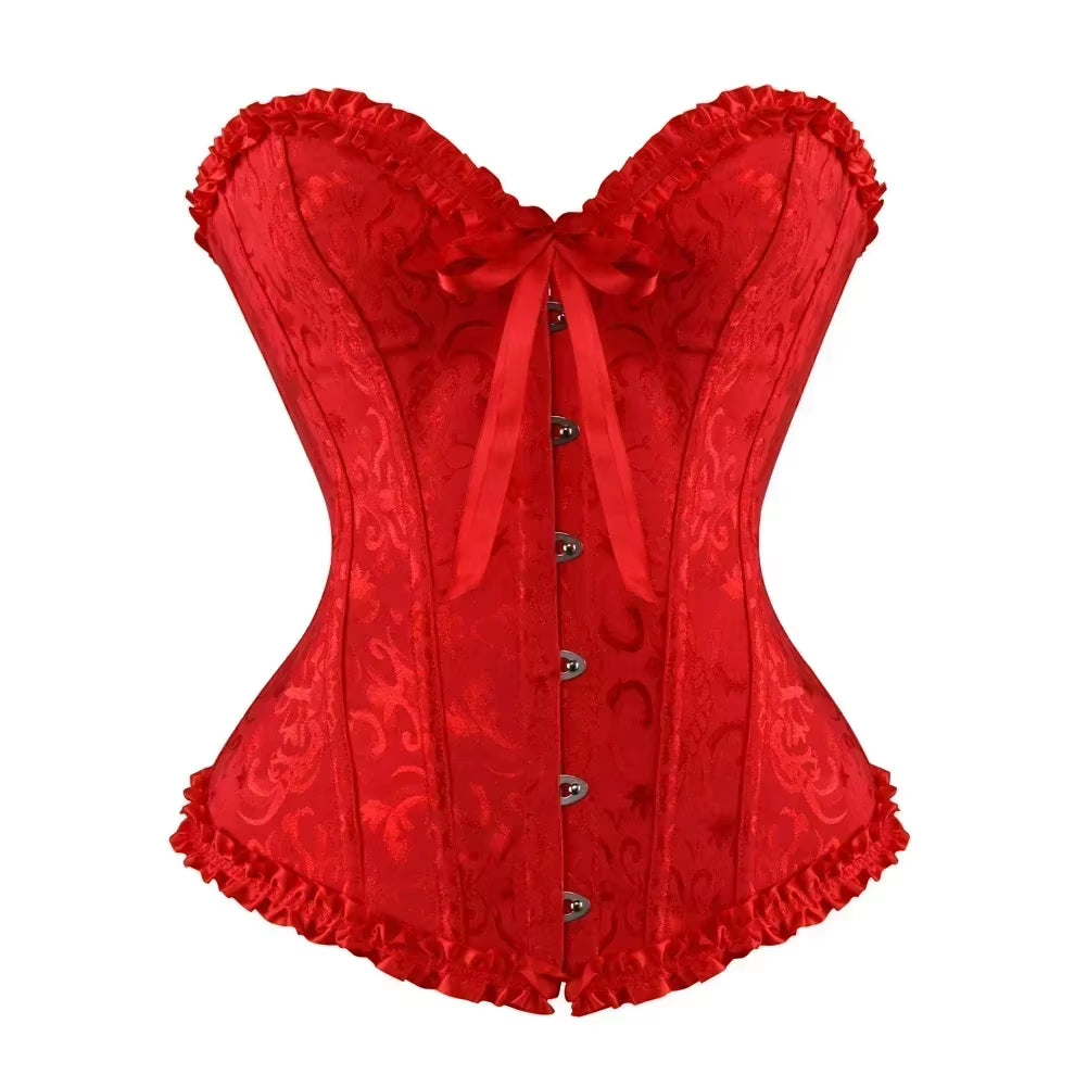 Women Overbust Corset Korset Basques Floral Lace Top Bustier Jacquard Lingerie Corselet