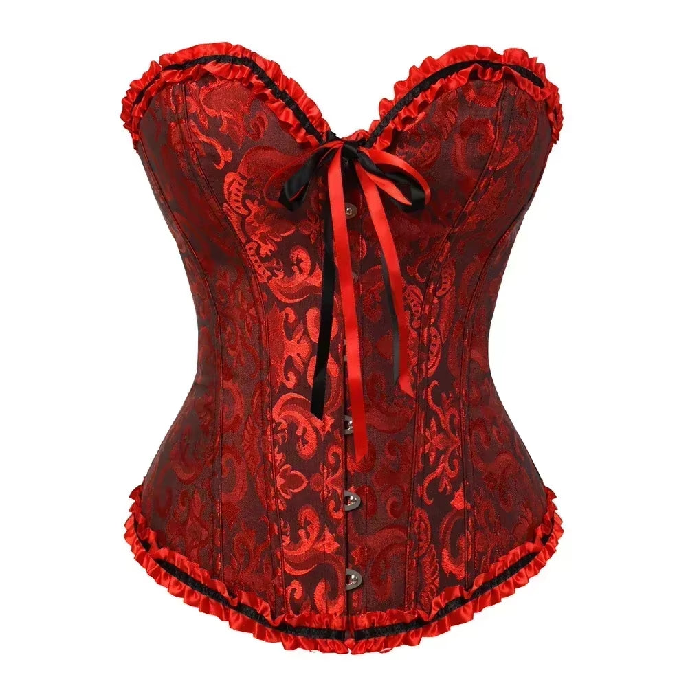 Women Overbust Corset Korset Basques Floral Lace Top Bustier Jacquard Lingerie Corselet