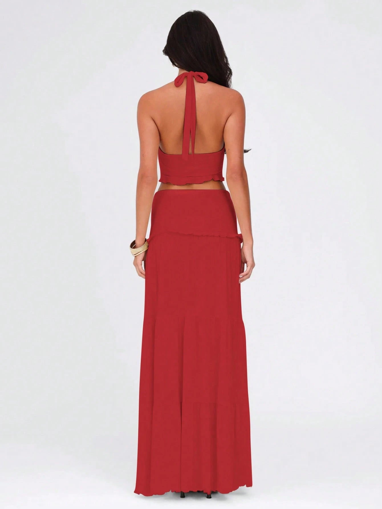 Women Casual Ruched Ruffled Slim Halter Crop Top&Skirt Spring Summer Party Vacation Night Out 2 Pieces Sets