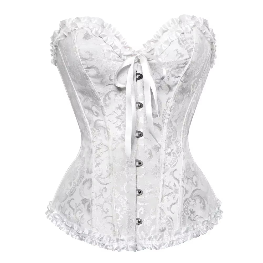 Women Overbust Corset Korset Basques Floral Lace Top Bustier Jacquard Lingerie Corselet
