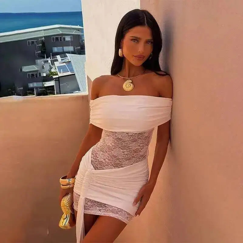 Pleated Slim Bodycon Dress Women off Shoulder Mini 2025 Summer Dress Lace Patchwork Nightclub Sexy Party Dresses
