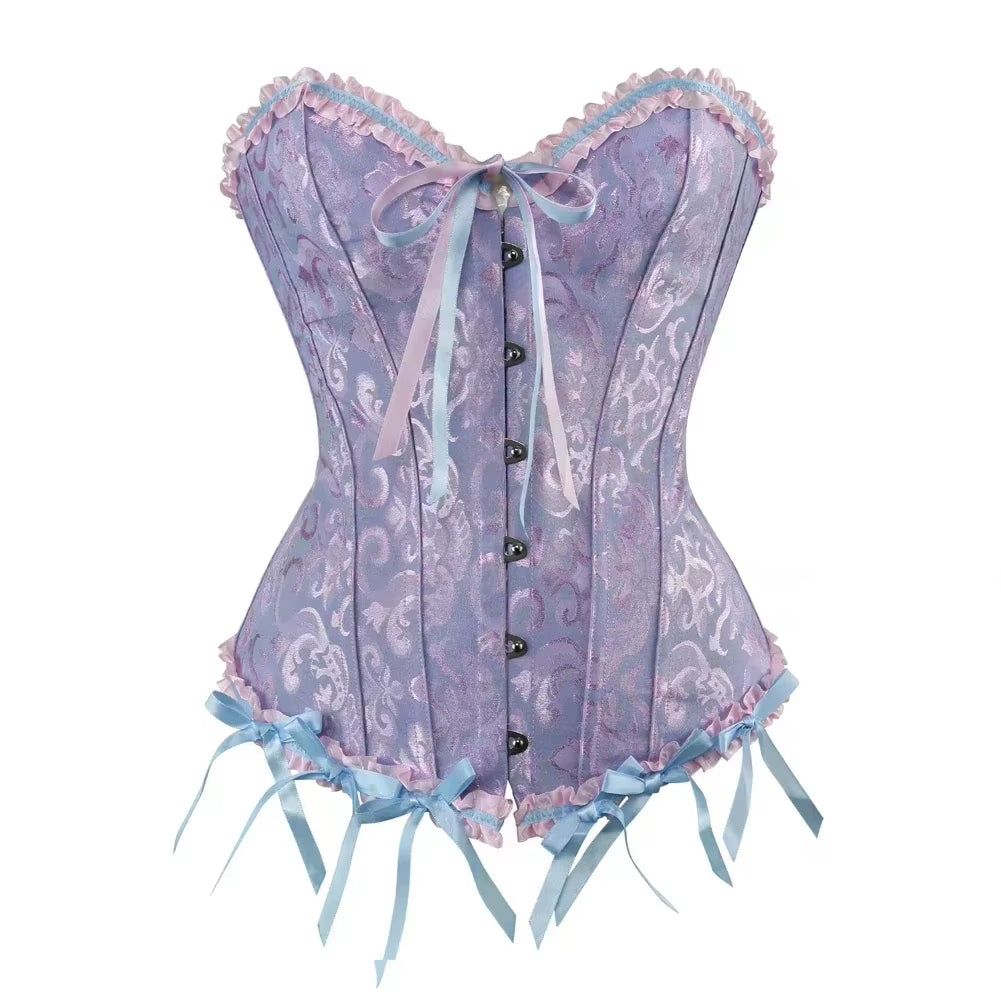 Women Overbust Corset Korset Basques Floral Lace Top Bustier Jacquard Lingerie Corselet