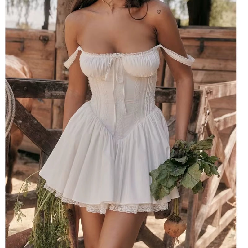 Summer Elegant Sexy White Dress Slash Neck Sleeveless Robe Women Party Short Slip Dresses Suspender Bandage Pleated A-Line Dress