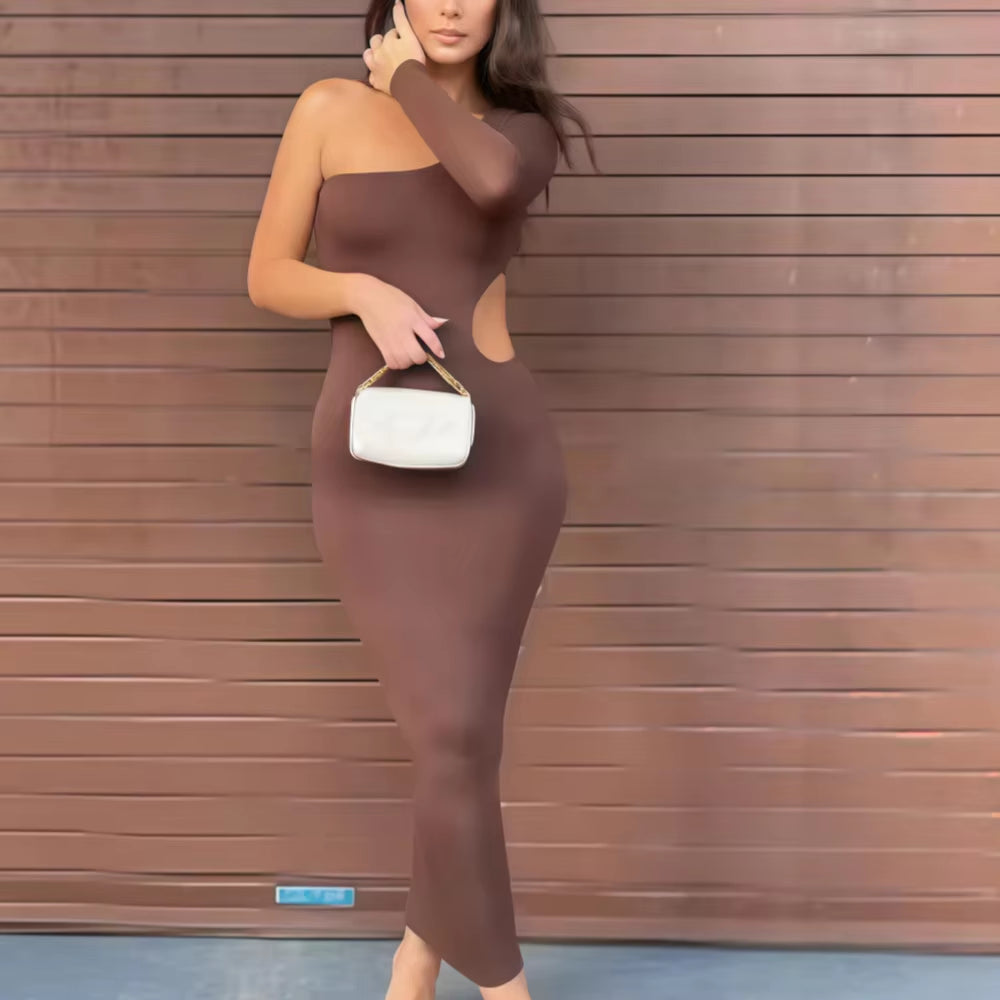 Sexy Lady Fashion Elegant Dress Luxury Women Hot Off-The-Shoulder Solid Color Diagonal Collar Elegant Sleeveless Formal Gown Tee