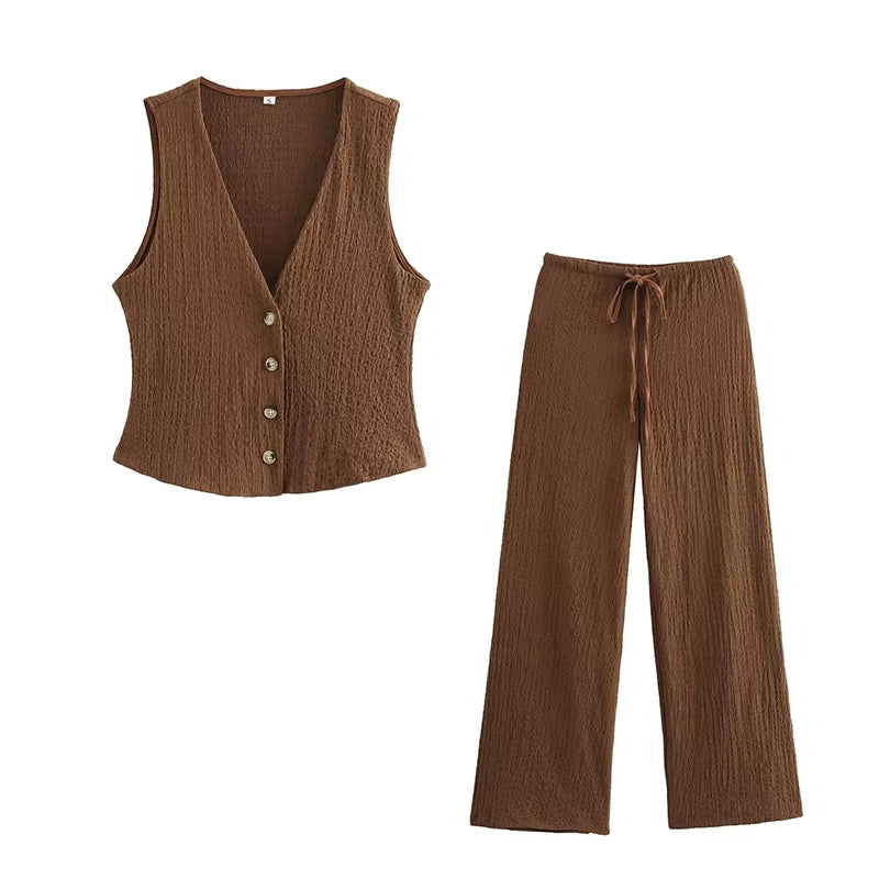 Women Fashion 2 Piece Set Solid Single Breasted Tank Tops & Vintage High Elastic Waist Pants Female Chic Pants Suit