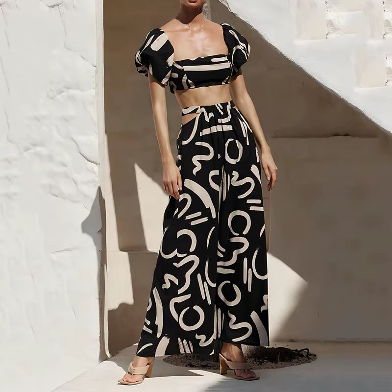 Two Piece Sets Fashion New Print Solid Color Puff Sleeve Zipper Breast Wrap Crop Top & Hollow Out Waist Big Hem Dress Suits Lady