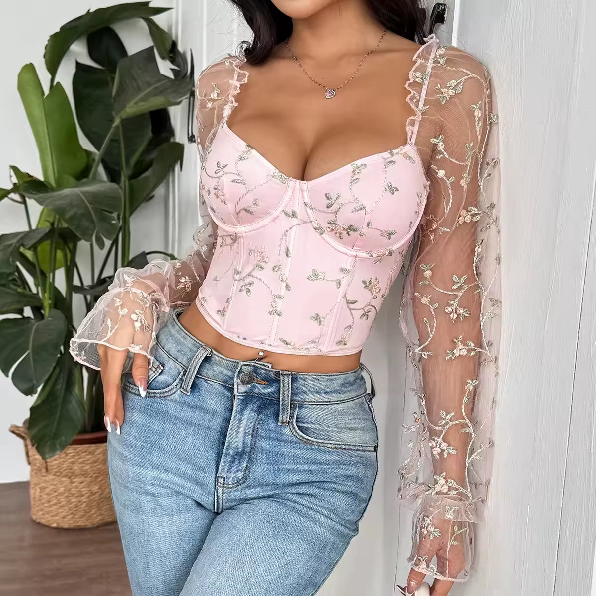 Sexy See through Patchwork Strapless Women Crop Tops Backless Lace up Fitness Corset for Woman Y2K Tops Sexy Mesh Blouse