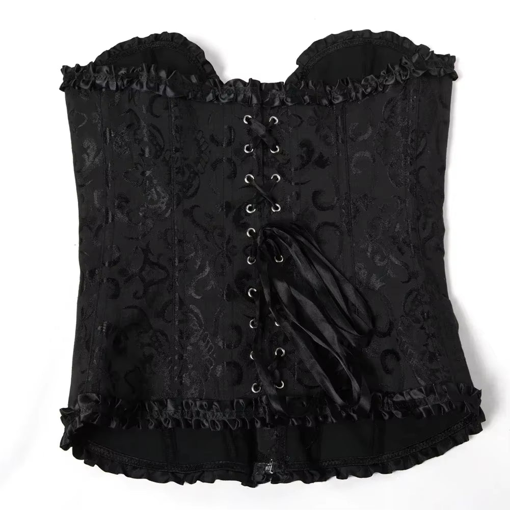 Women Overbust Corset Korset Basques Floral Lace Top Bustier Jacquard Lingerie Corselet