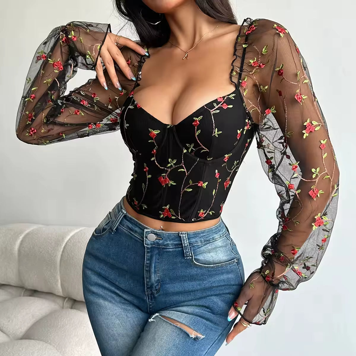 Sexy See through Patchwork Strapless Women Crop Tops Backless Lace up Fitness Corset for Woman Y2K Tops Sexy Mesh Blouse