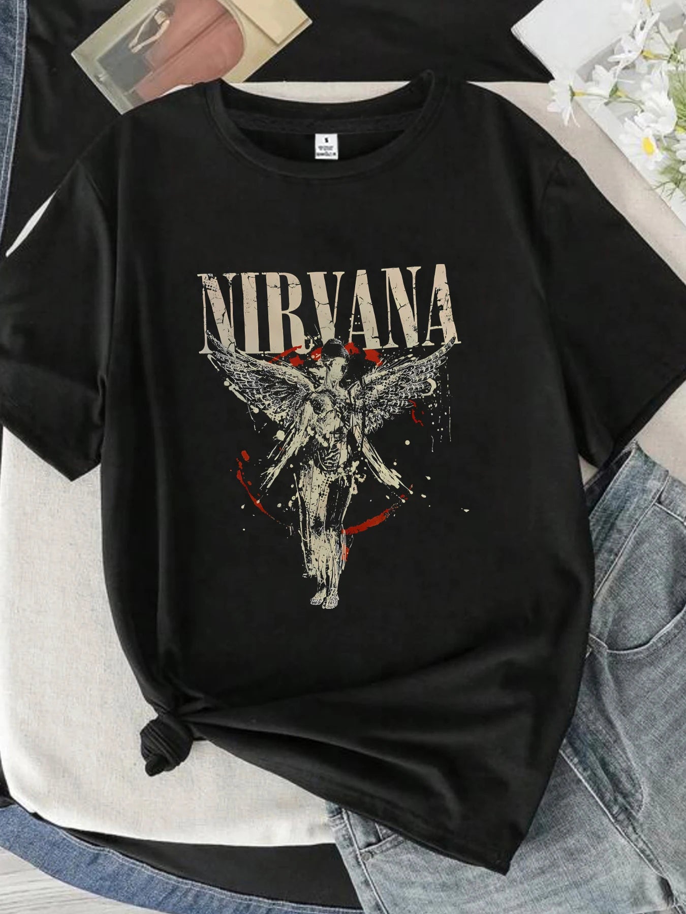 【0933】 Letters and Angels round Neck Women'S T-Shirt Short Sleeves Fashion Printed Half-Sleeve Top Elastic T-Shirt
