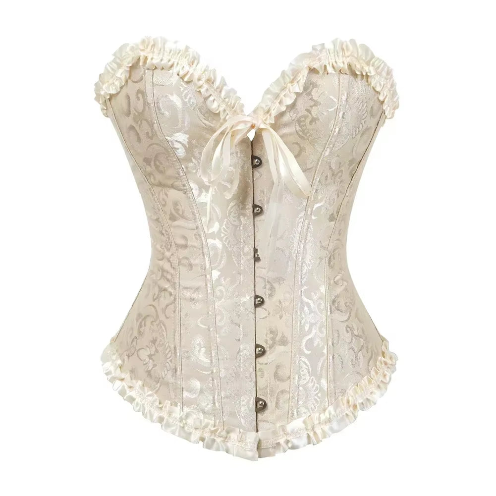 Women Overbust Corset Korset Basques Floral Lace Top Bustier Jacquard Lingerie Corselet