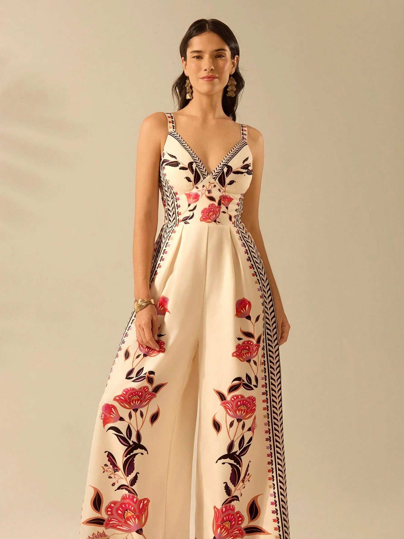 CAJUNI Women'S Boho Tropical Floral Print, Sleeveless Loose Legs Holiday Casual Summer Beach Apricot Jumpsuit