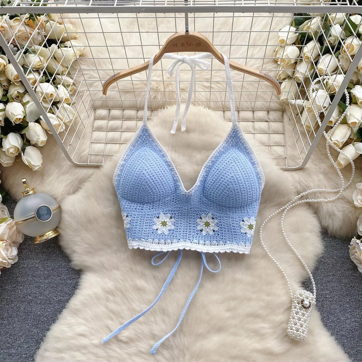 Vacation Style Camis Vest Women Patchwork Sweet Hook Flower Sexy Backless Suspender Camisole Hanging Neck Outwear Crop Tops