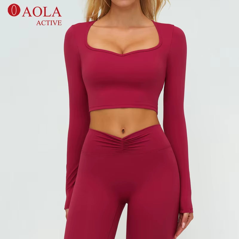 Square Collar High Elastic Tight Slim Sport Comfortable Yoga Long Sleeve Crops Top for Woman