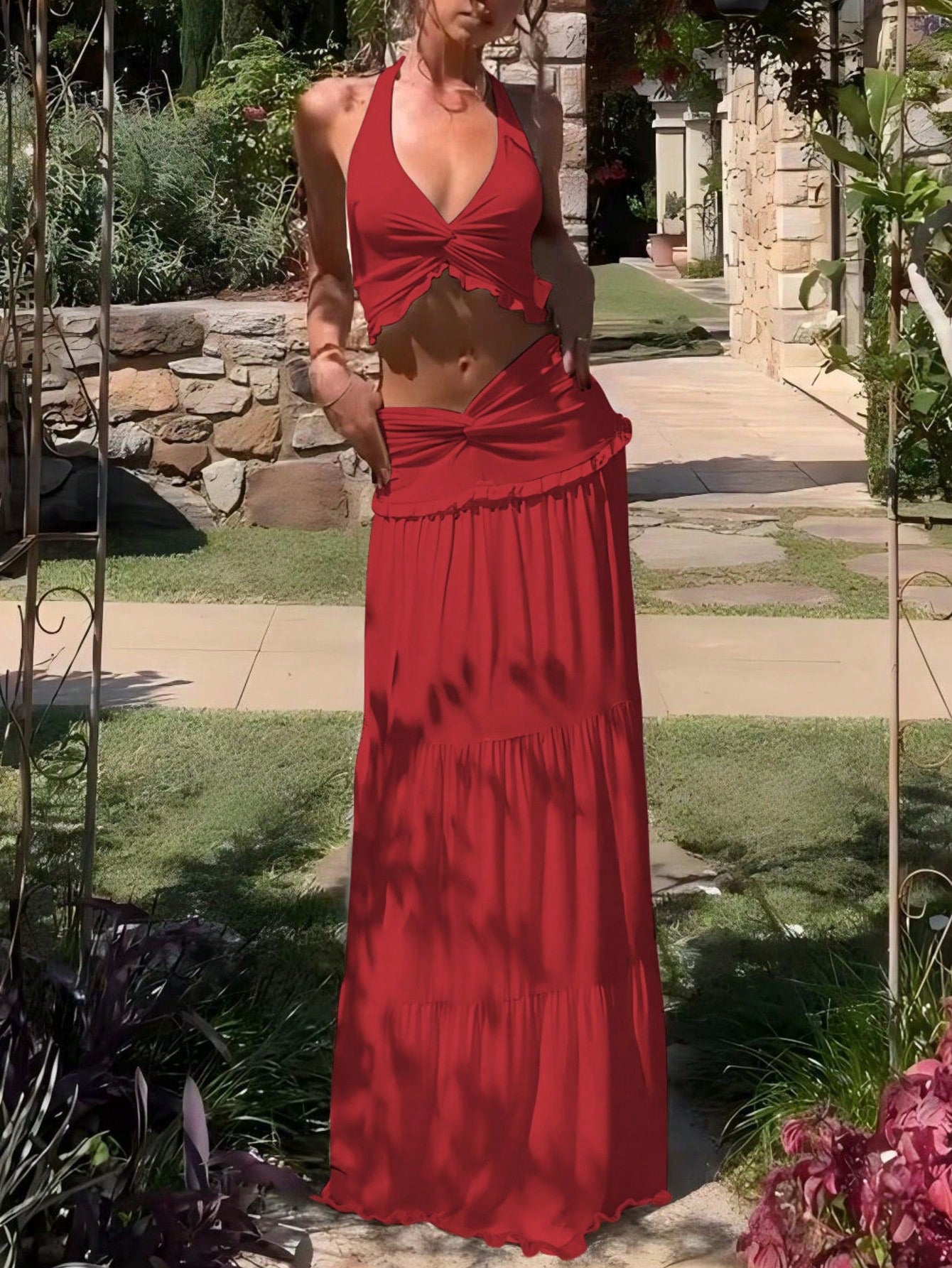 Women Casual Ruched Ruffled Slim Halter Crop Top&Skirt Spring Summer Party Vacation Night Out 2 Pieces Sets