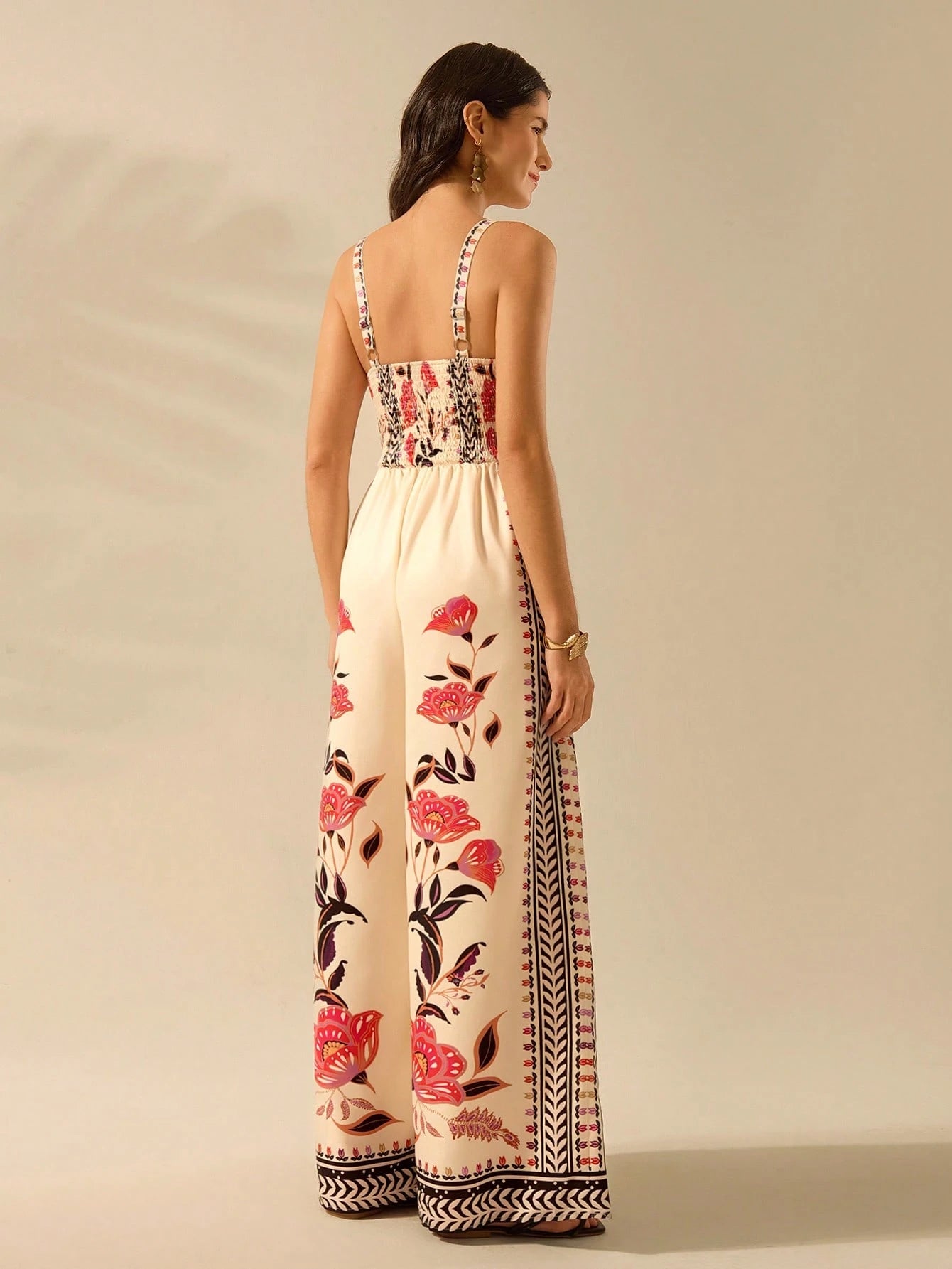 CAJUNI Women'S Boho Tropical Floral Print, Sleeveless Loose Legs Holiday Casual Summer Beach Apricot Jumpsuit