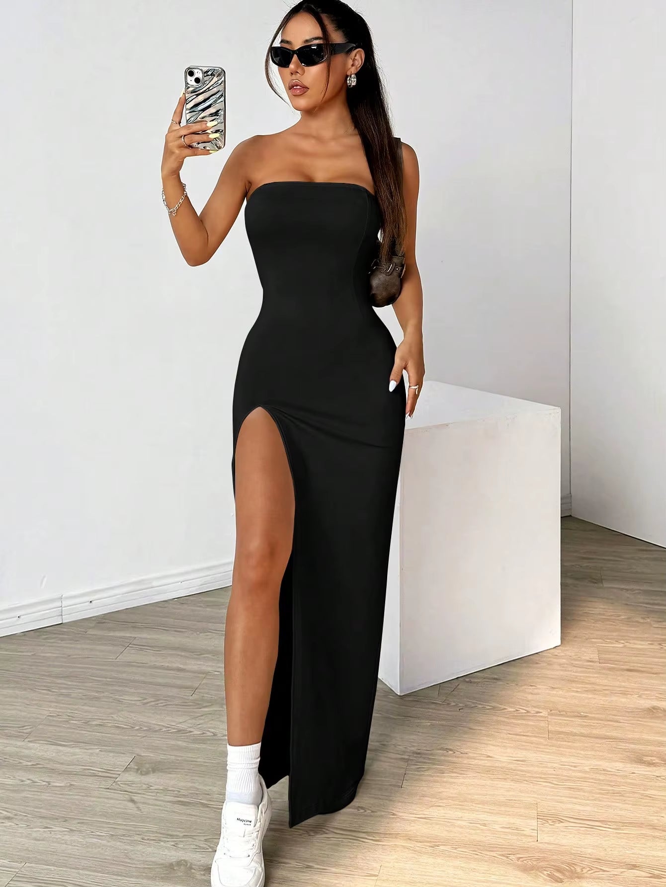 Elegant Ladies Strapless Camisole Slit Simple Basic Solid Color Long Dress, Ideal for Casual and Semi-Formal Occasions