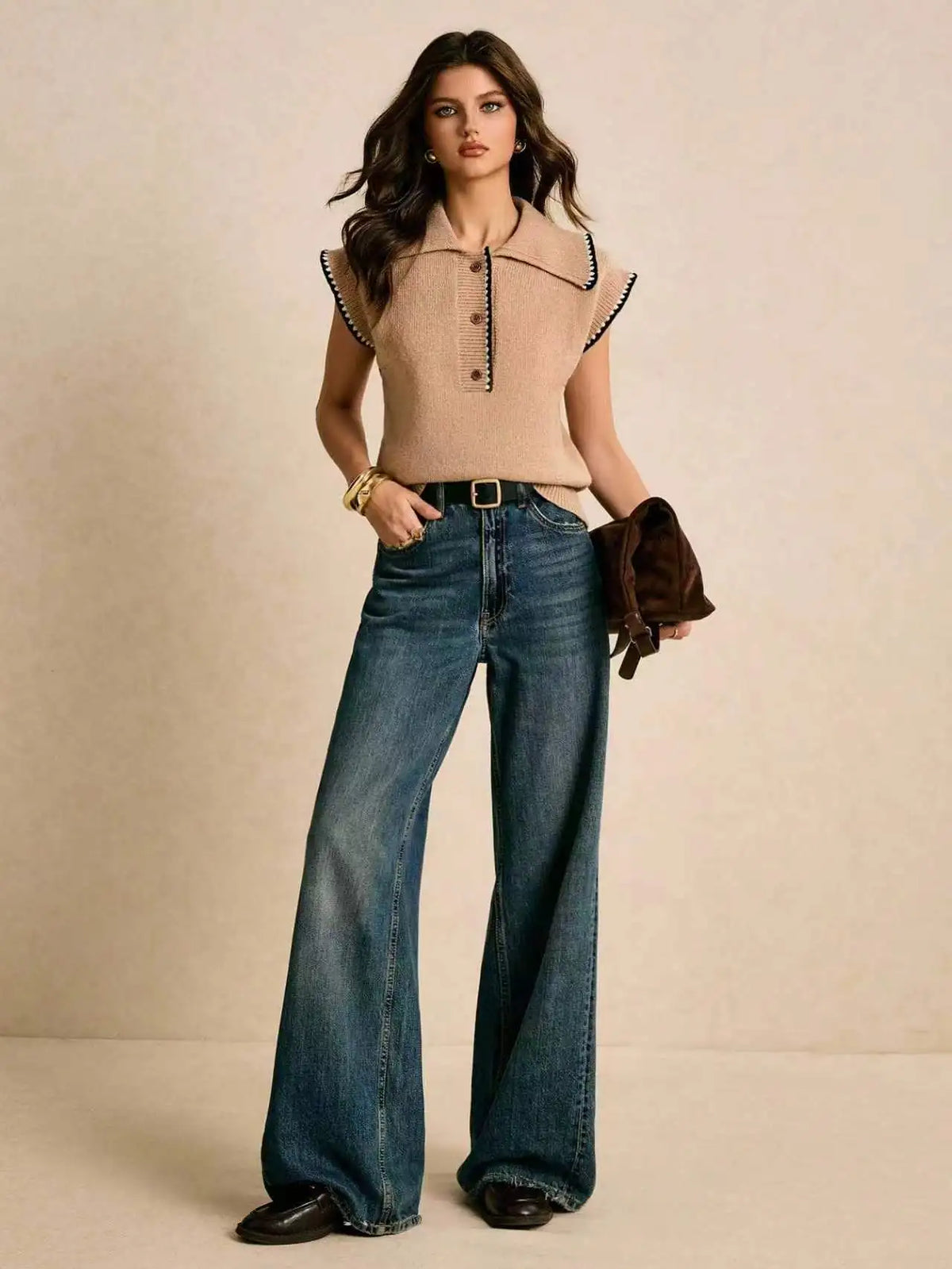 Vintage Contrast Trim Sleeveless Knit Vest Women Lapel Collar Half Button Soft Knit Tank Top Casual Sweater Waistcoat