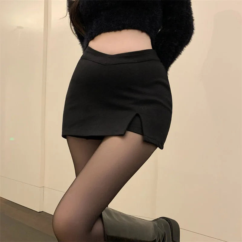 Black Split Mini Skirts Women Summer Sexy Club High Waist Slit Skirt Streetwear Korean Party Fashion Irregular Slim a Line Skirt