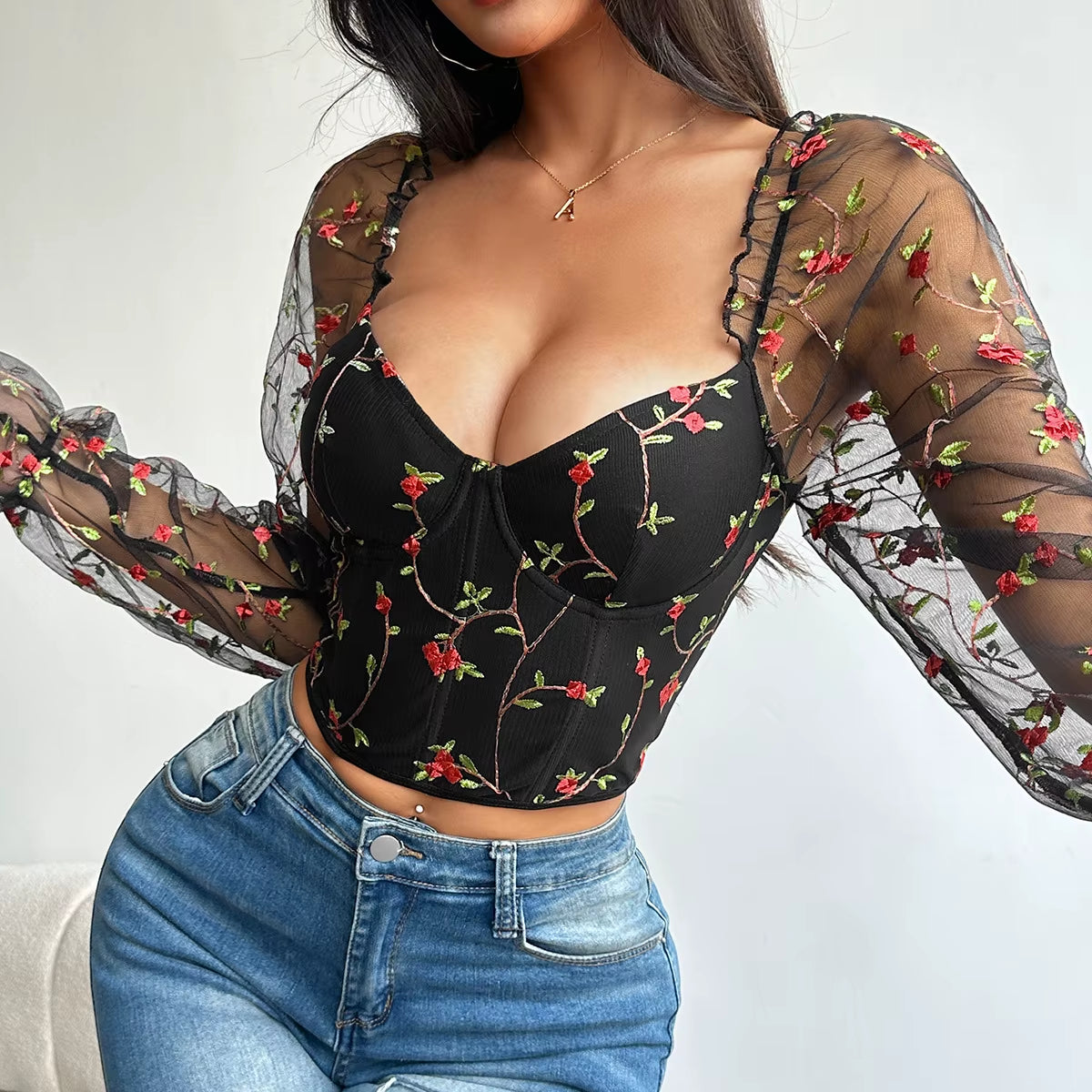 Sexy See through Patchwork Strapless Women Crop Tops Backless Lace up Fitness Corset for Woman Y2K Tops Sexy Mesh Blouse