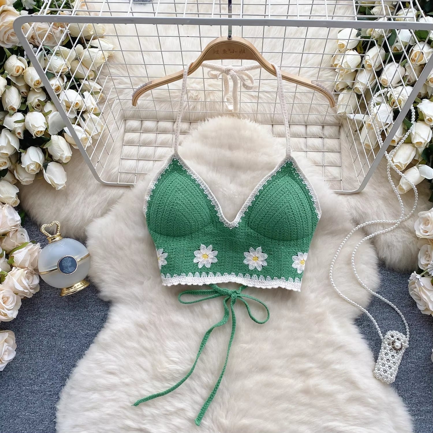 Vacation Style Camis Vest Women Patchwork Sweet Hook Flower Sexy Backless Suspender Camisole Hanging Neck Outwear Crop Tops