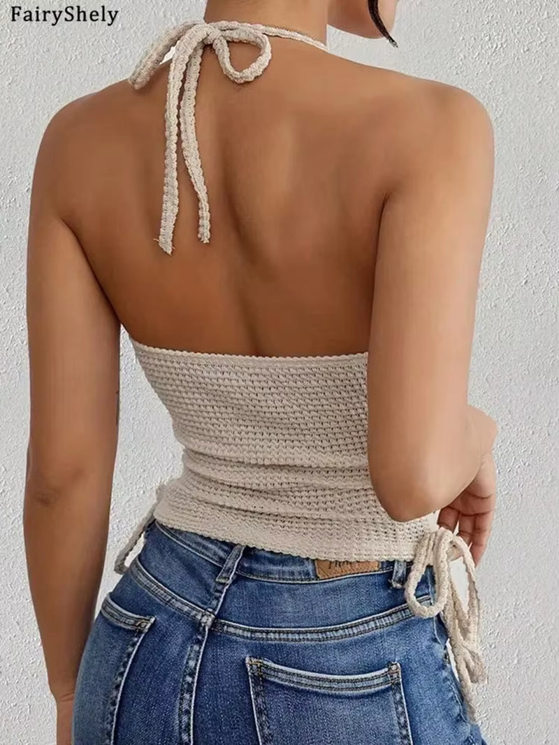 2025 Sexy Female Sleeveless Bodycon Top Women Tied Halter Short Vest Summer Lady Backless off Shoulder Club Crop Tops