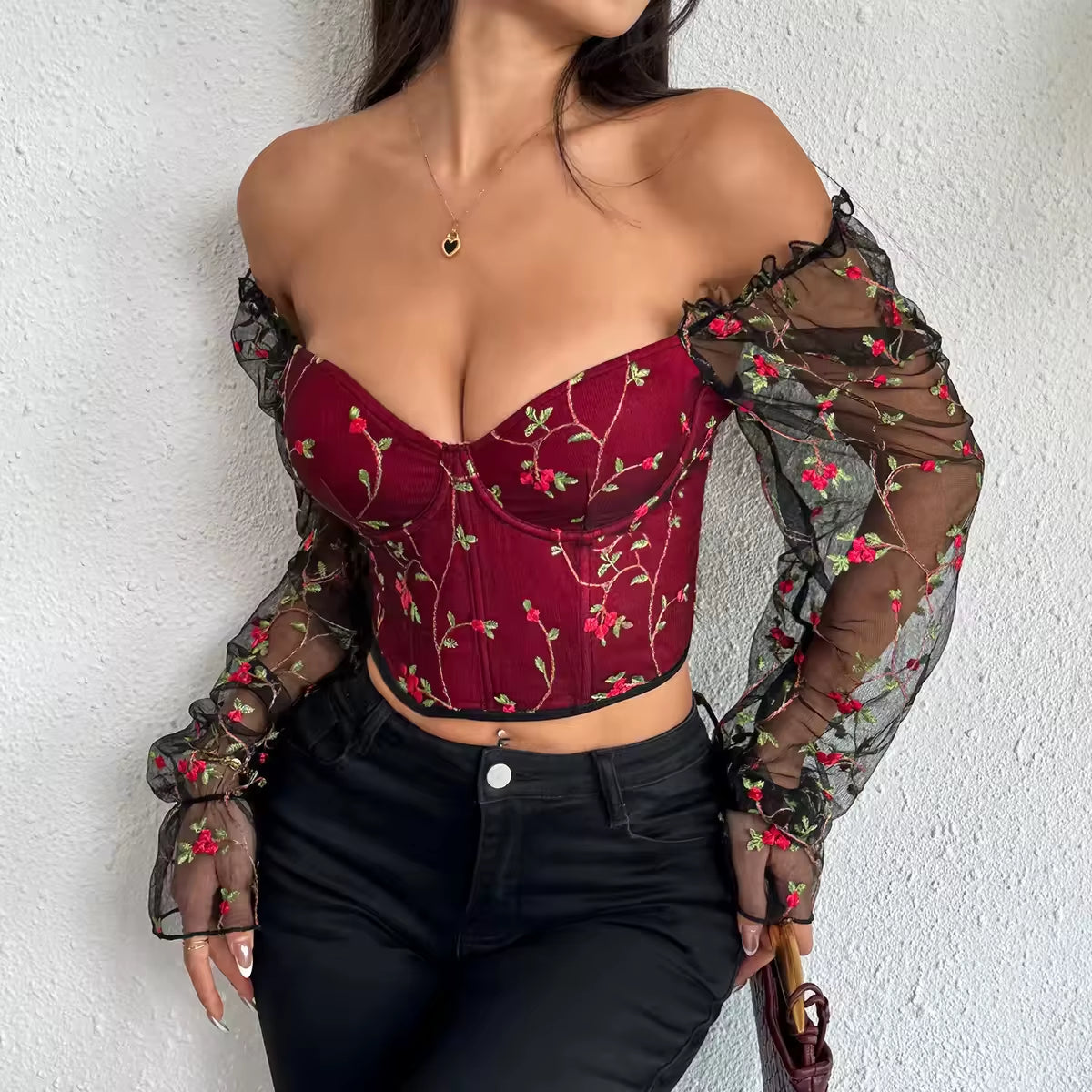 Sexy See through Patchwork Strapless Women Crop Tops Backless Lace up Fitness Corset for Woman Y2K Tops Sexy Mesh Blouse