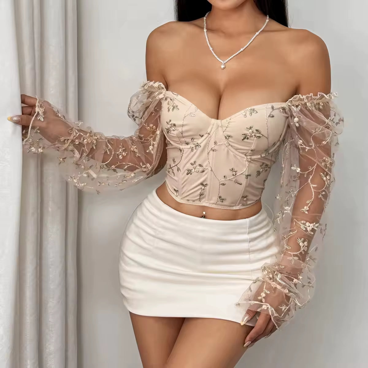 Sexy See through Patchwork Strapless Women Crop Tops Backless Lace up Fitness Corset for Woman Y2K Tops Sexy Mesh Blouse