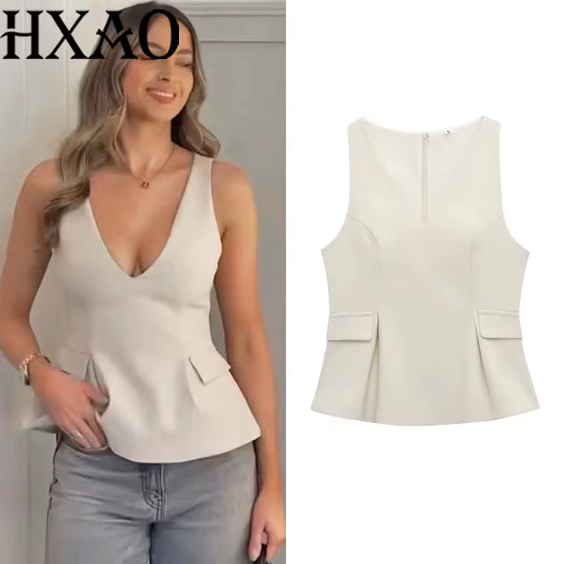 Women'S Spring Elegant Vest Tops 2025 Summer Y2K Tank Tops Ladies Fashion Casual Sleeveless Office Beige Tops for Female