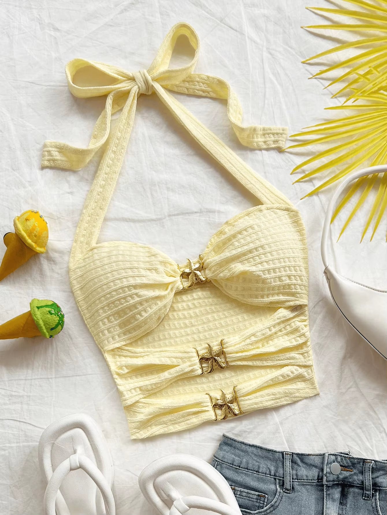 Pure Desire Style, Hollowed-Out Five-Pointed Star Inlaid Design, Slimming, Versatile Halter Top for Summer