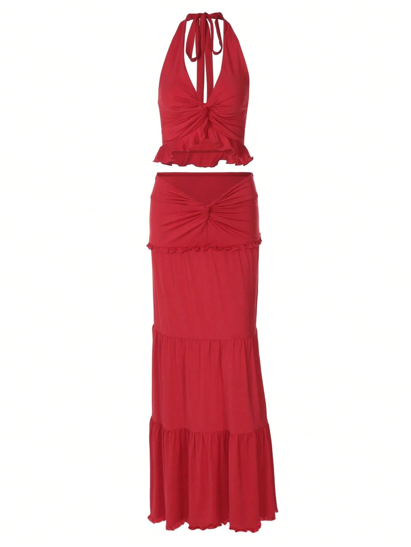 Women Casual Ruched Ruffled Slim Halter Crop Top&Skirt Spring Summer Party Vacation Night Out 2 Pieces Sets