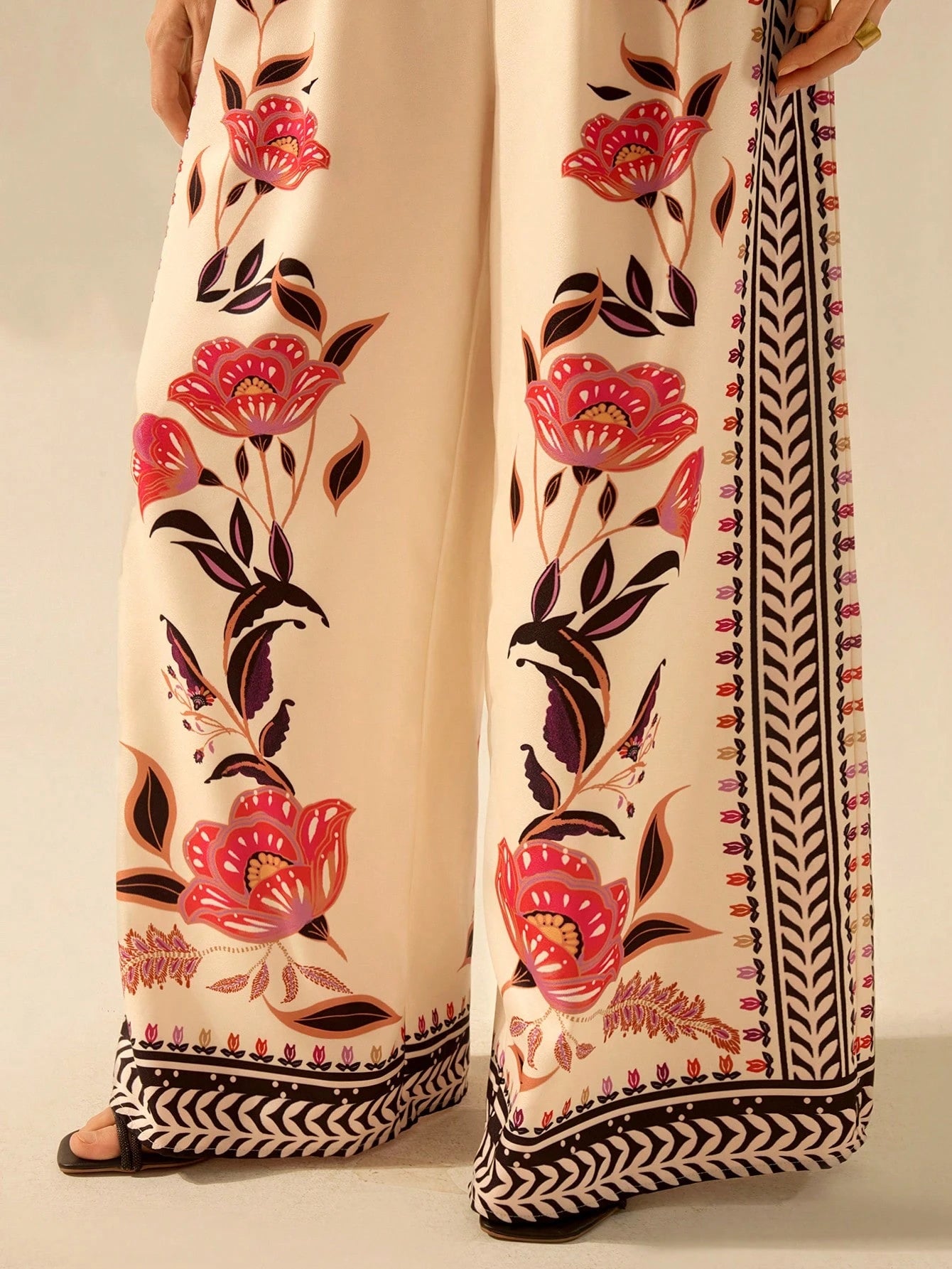 CAJUNI Women'S Boho Tropical Floral Print, Sleeveless Loose Legs Holiday Casual Summer Beach Apricot Jumpsuit