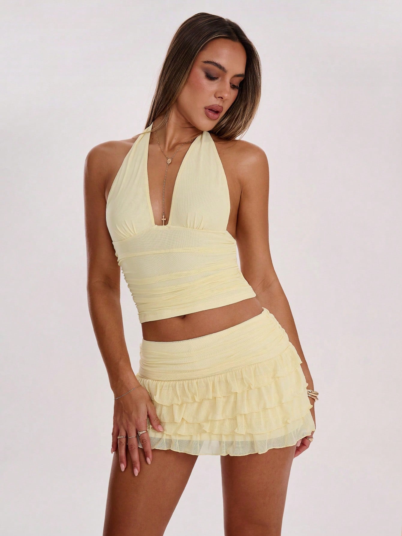 BAE Women'S Solid Color V-Neck Halter Crop Fitted Camisole Summer