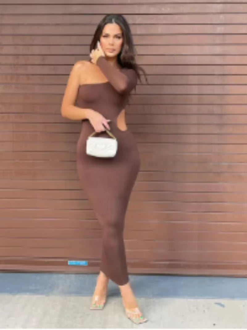 Sexy Lady Fashion Elegant Dress Luxury Women Hot Off-The-Shoulder Solid Color Diagonal Collar Elegant Sleeveless Formal Gown Tee