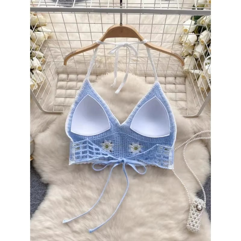 Vacation Style Camis Vest Women Patchwork Sweet Hook Flower Sexy Backless Suspender Camisole Hanging Neck Outwear Crop Tops