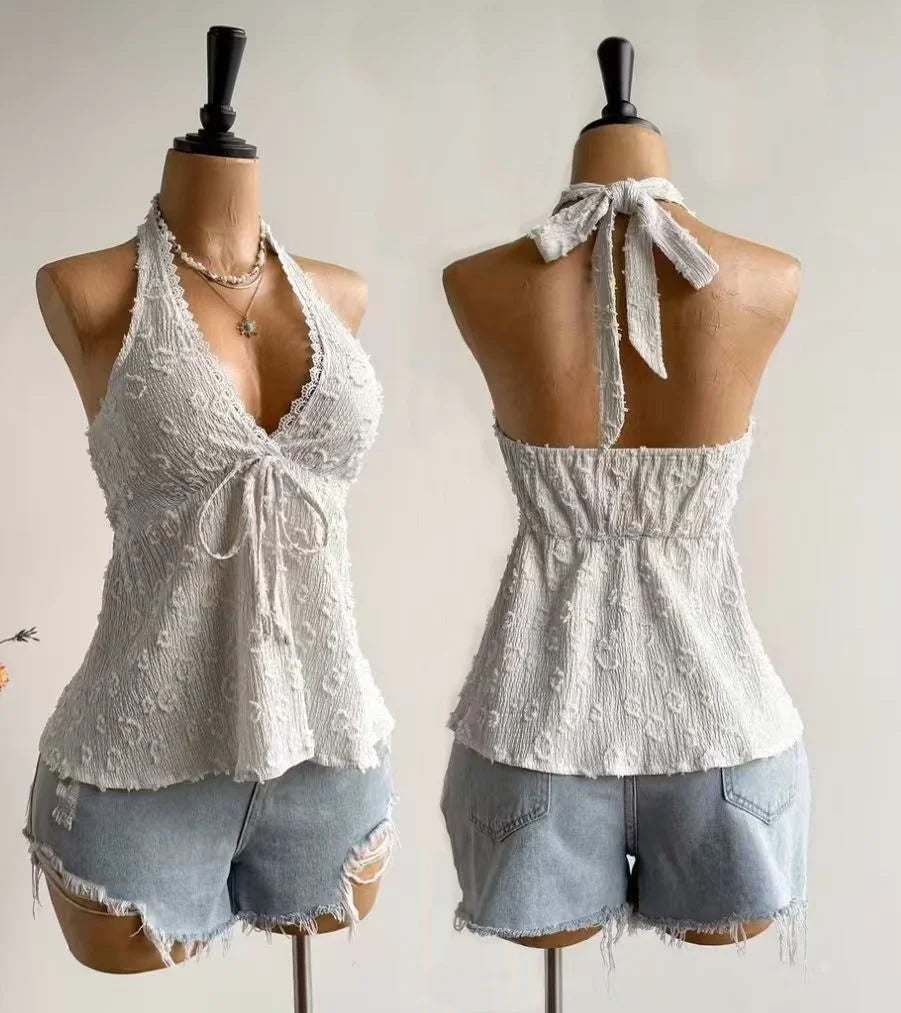 Ladies' Summer V-Neck Lace Neck Strap off Shoulder Leisure Vacation Easter Beach Wear Music Festival Top