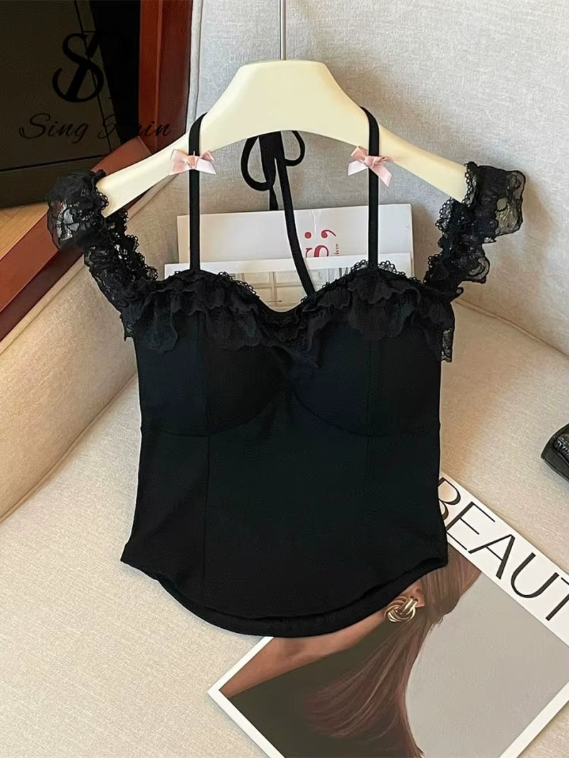 Top corto de encaje con volantes para mujer