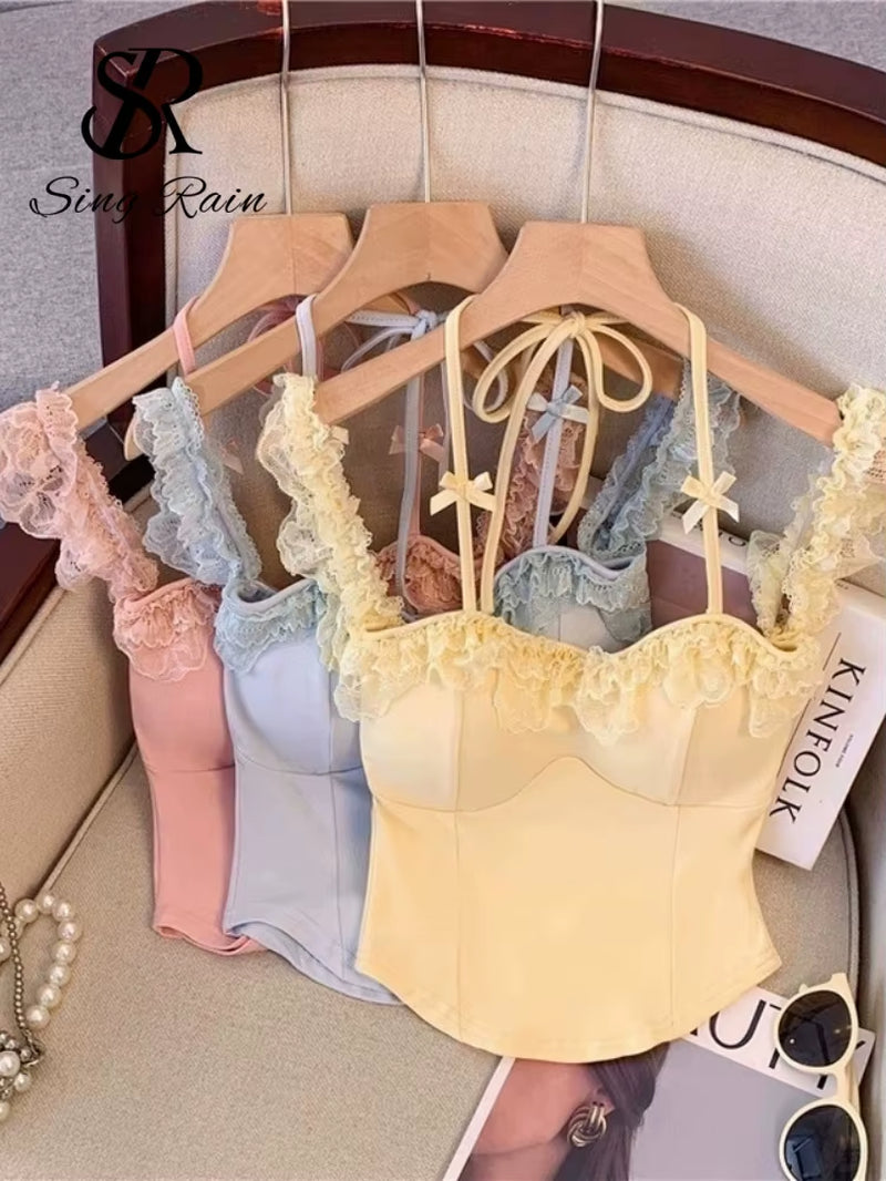 Top corto de encaje con volantes para mujer