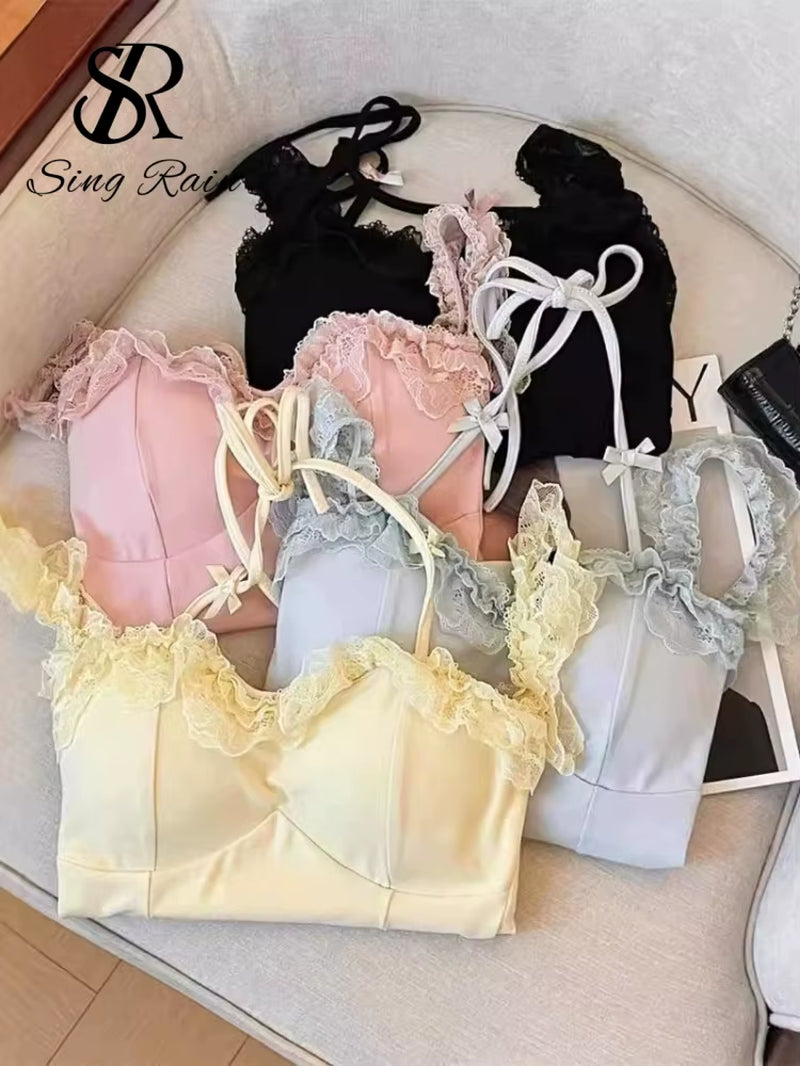 Top corto de encaje con volantes para mujer