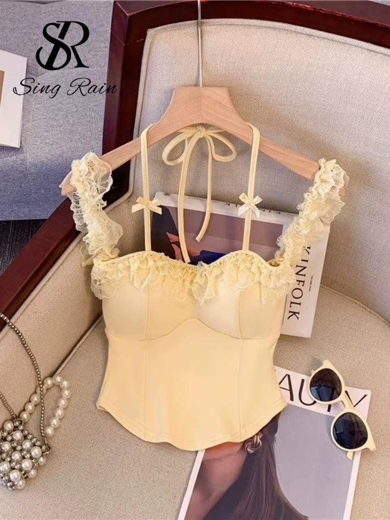 Top corto de encaje con volantes para mujer