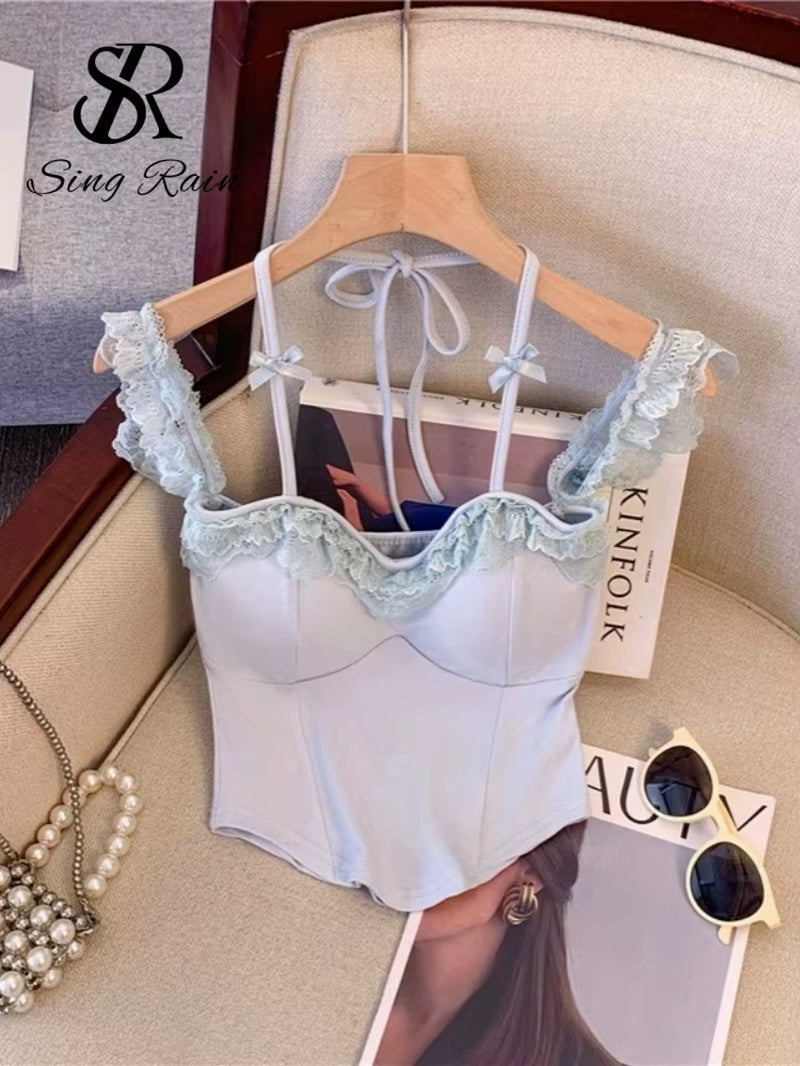 Top corto de encaje con volantes para mujer