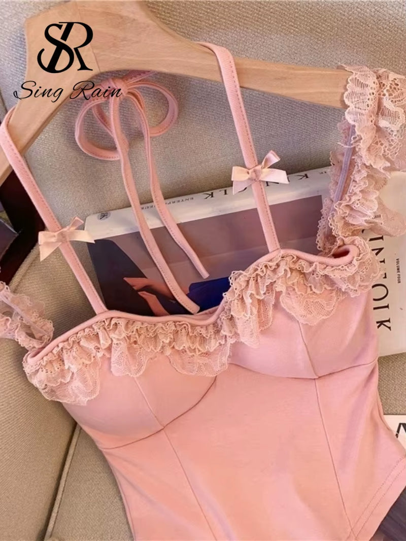 Top corto de encaje con volantes para mujer