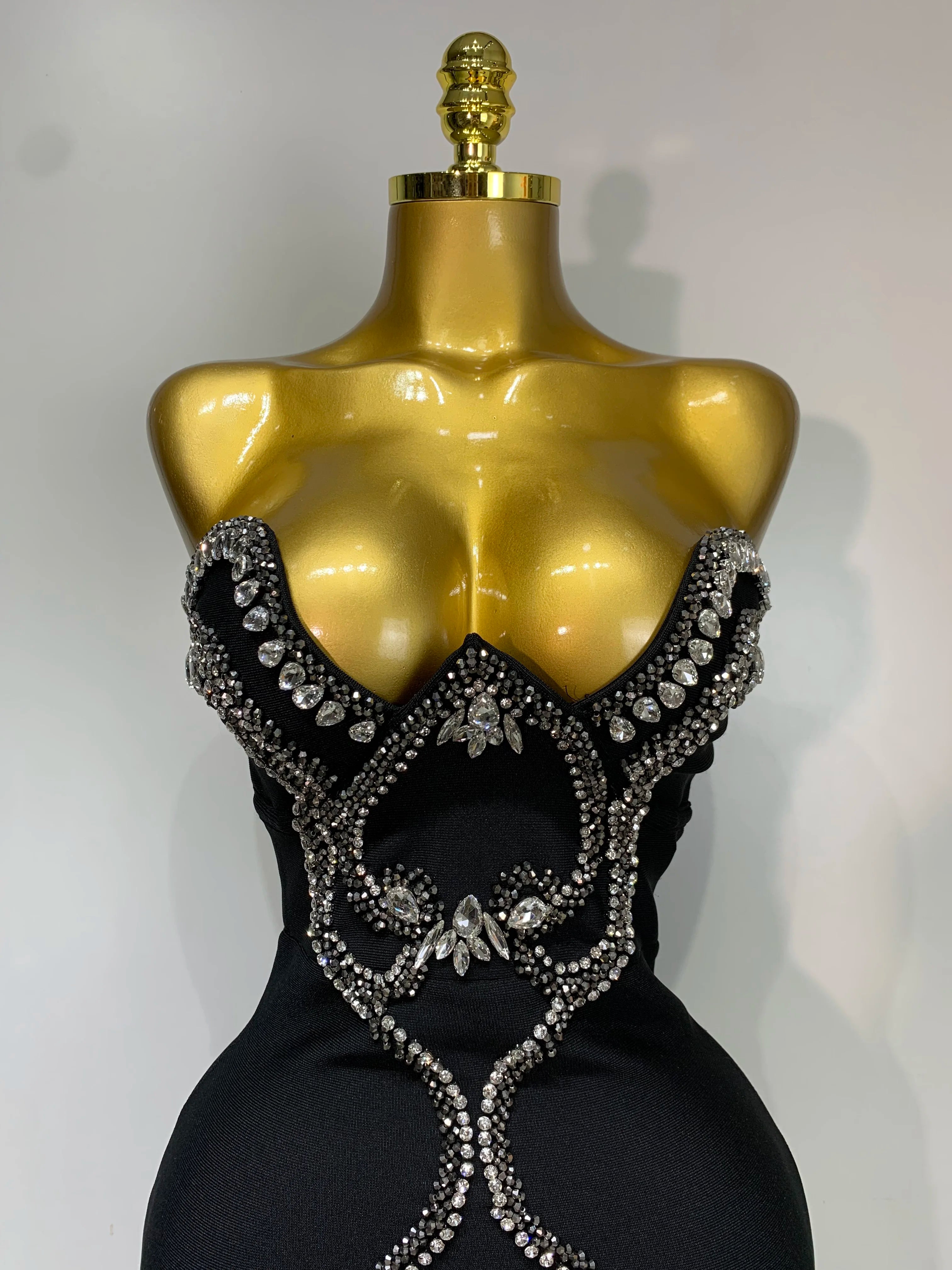 Celebrity Elegant Beading Strapless Bodycon Bandage Dress Women Fancy Club Party Luxury Diamonds Evening Party Birthday Dresses