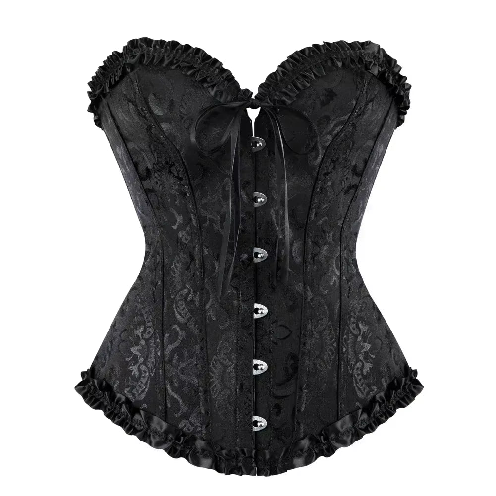 Women Overbust Corset Korset Basques Floral Lace Top Bustier Jacquard Lingerie Corselet