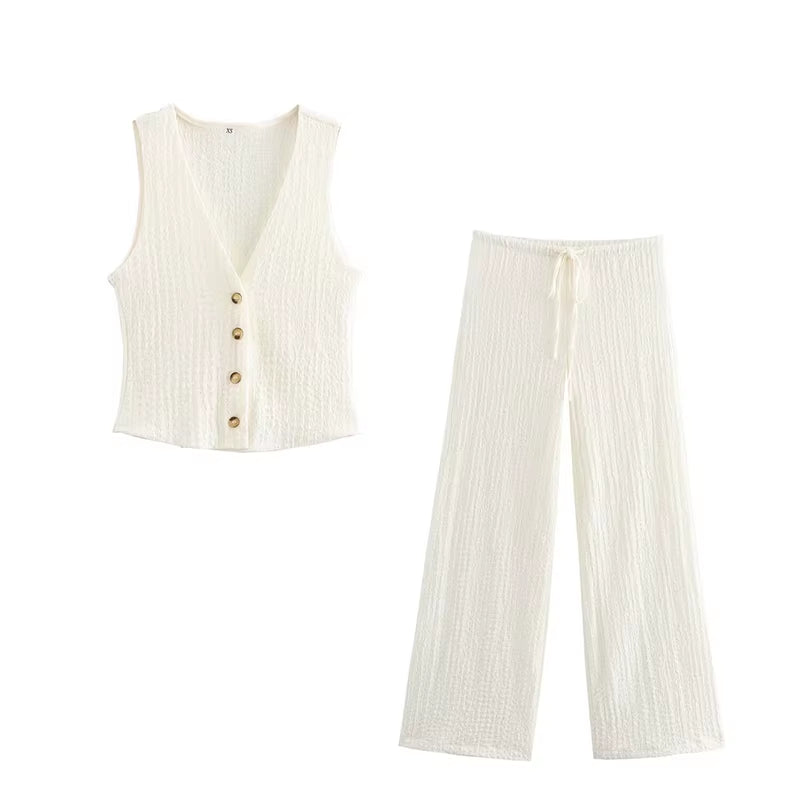 Women Fashion 2 Piece Set Solid Single Breasted Tank Tops & Vintage High Elastic Waist Pants Female Chic Pants Suit