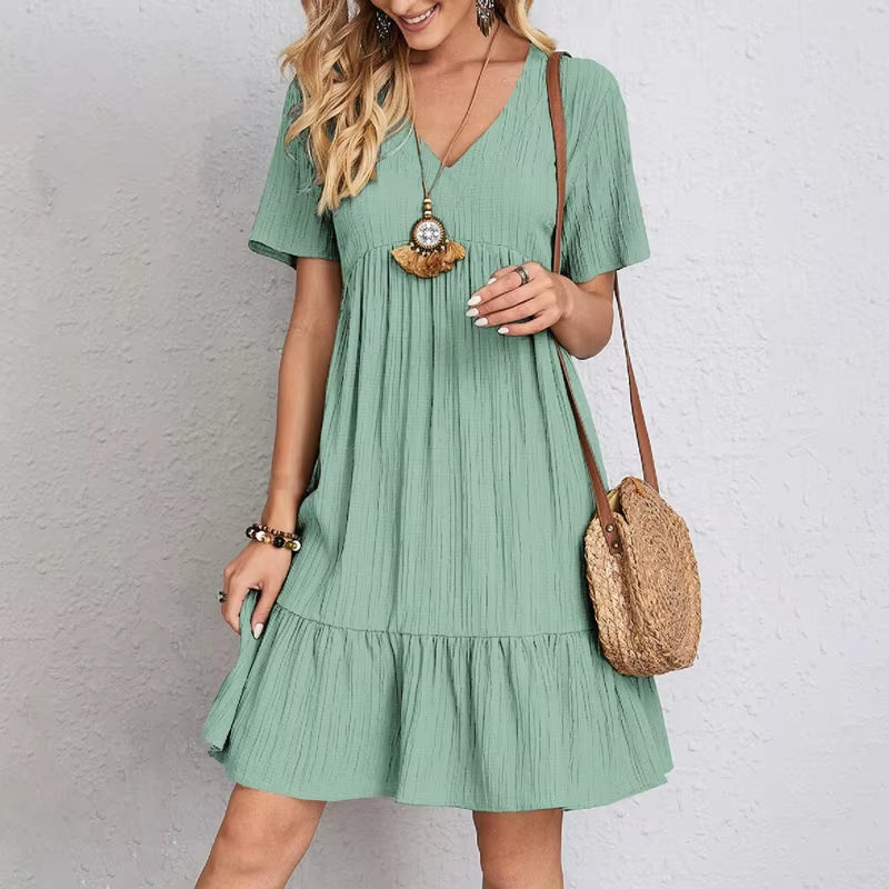 Summer Casual Women Elegant Short Sleeve V Neck Ruffles Dress Solid Loose Mini Dress Chic Bohemian Sundress Beach Party Vestidos