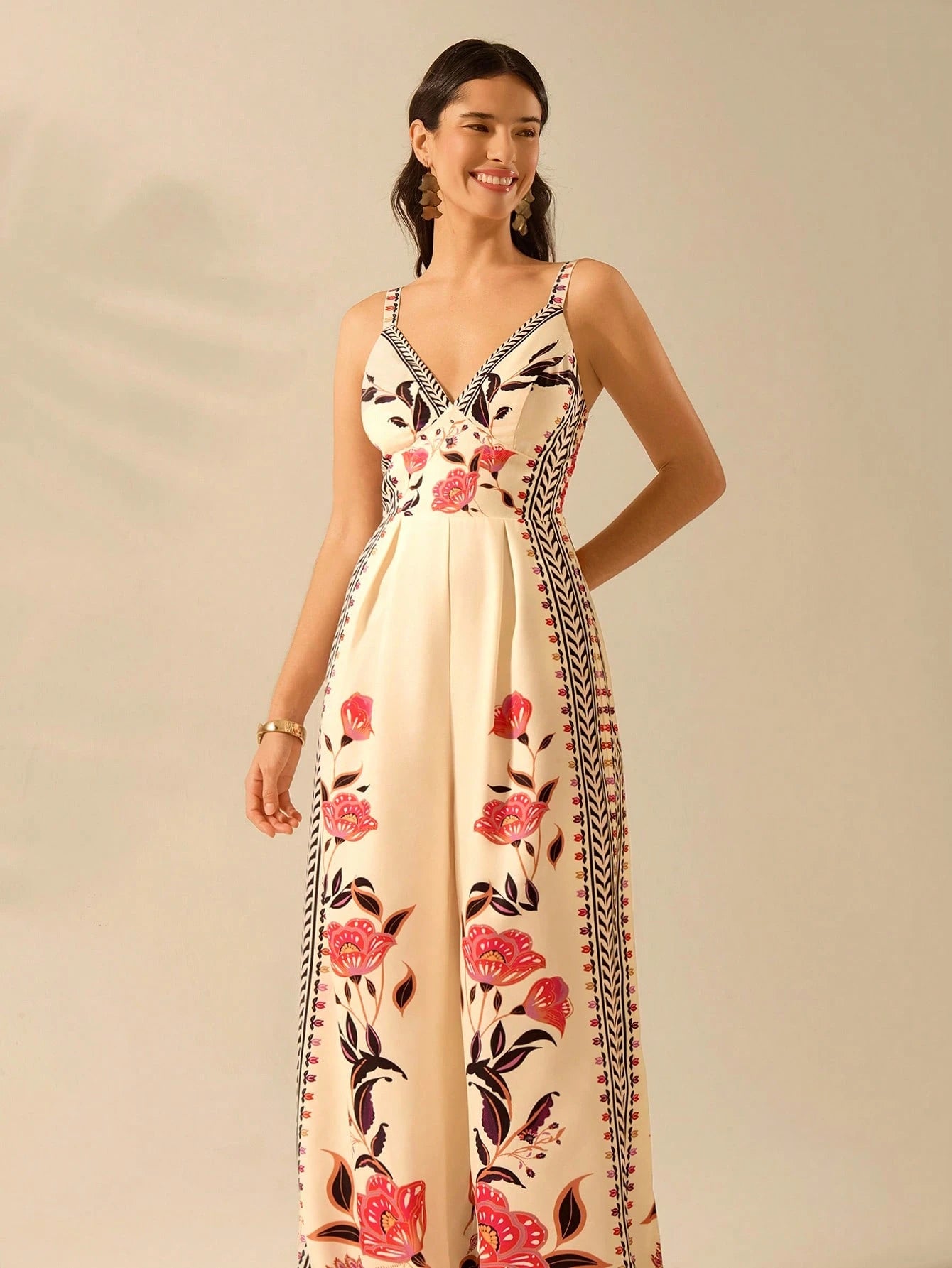 CAJUNI Women'S Boho Tropical Floral Print, Sleeveless Loose Legs Holiday Casual Summer Beach Apricot Jumpsuit