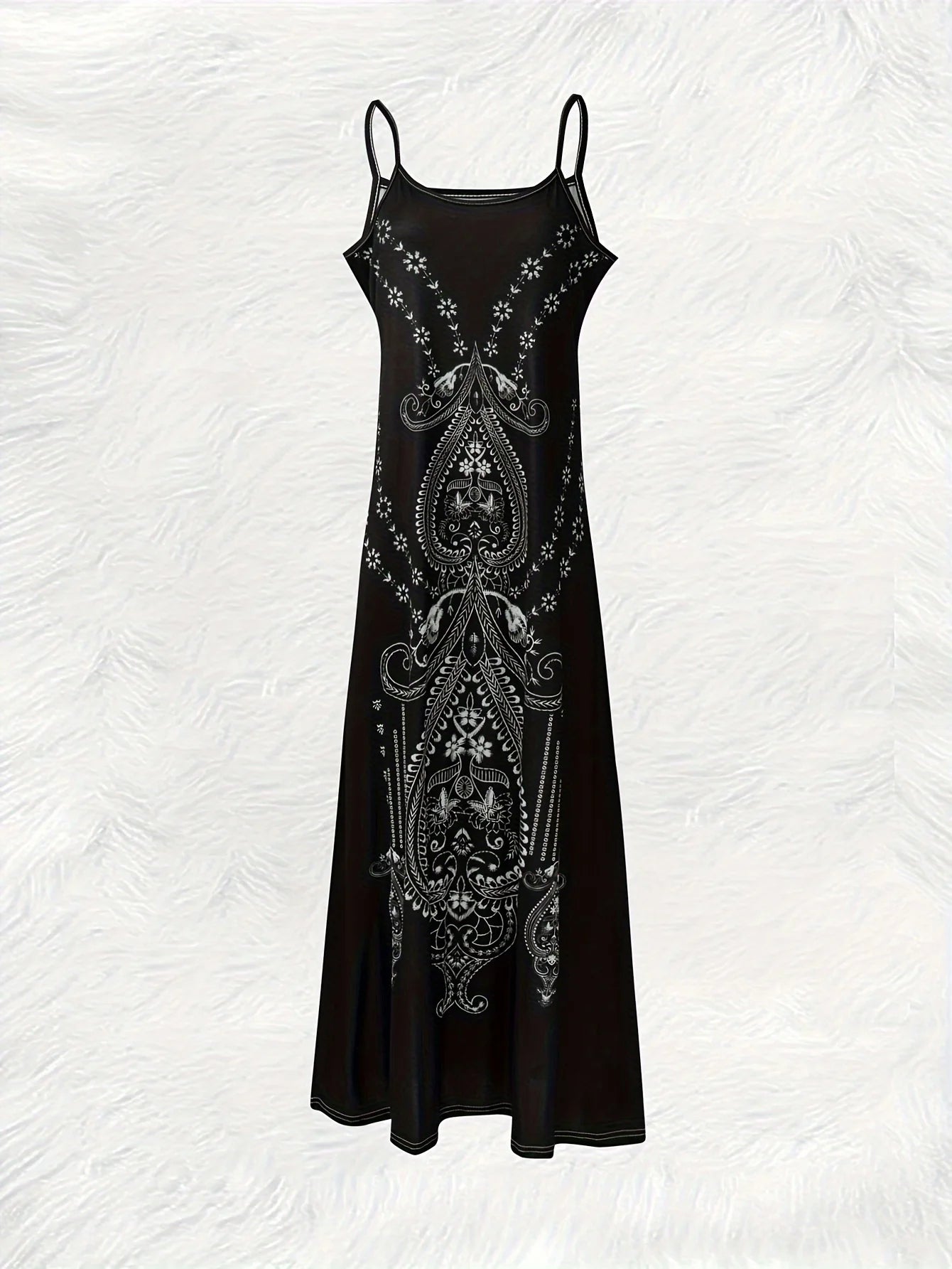 Printed Design Summer Vacation Style Black and White Paisley Pattern Pattern Content round Neck Spaghetti Strap Dress