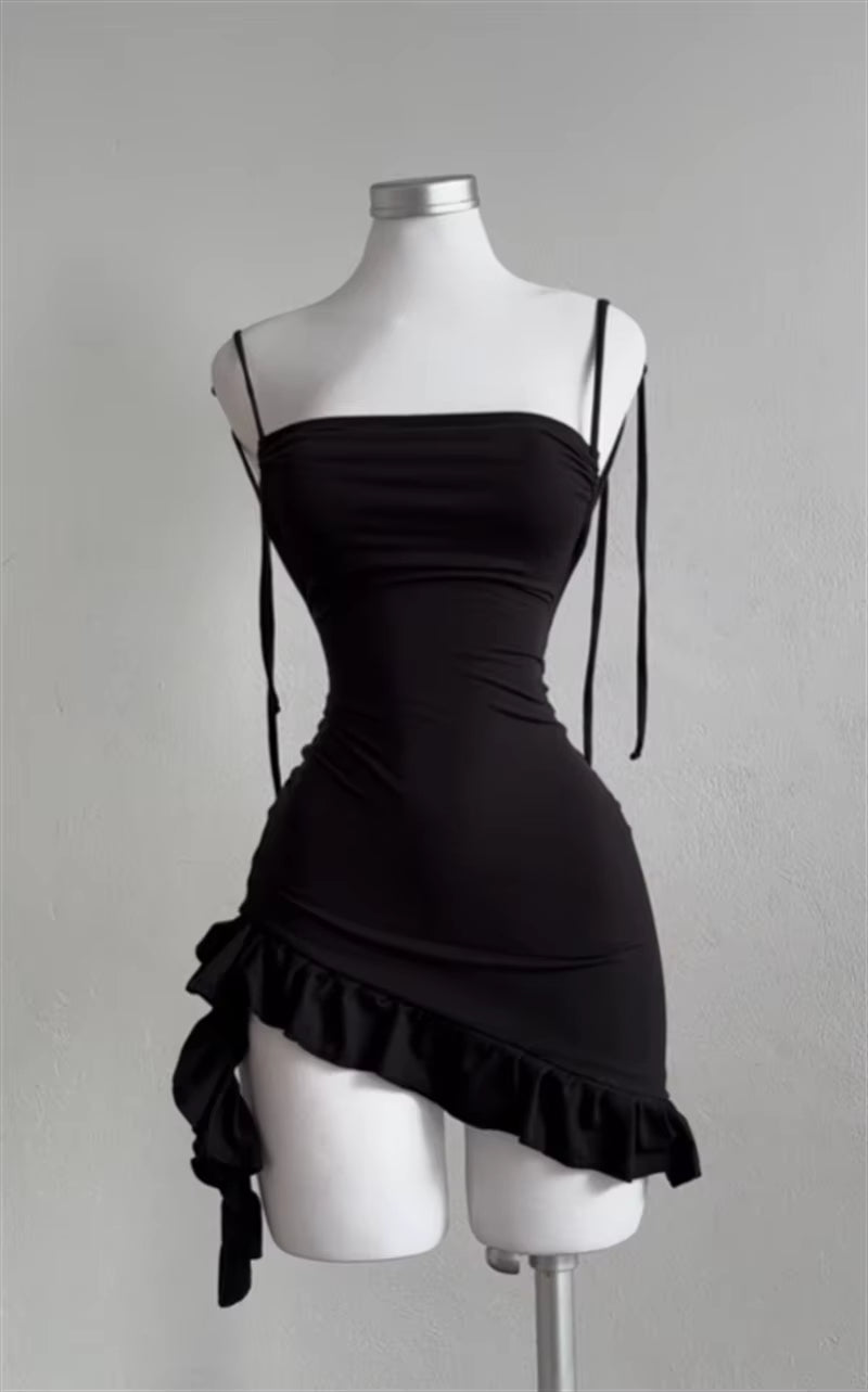 Sleeveless Backless Ruffles Mini Dress Women Summer Y2K Lace up Black Bodycon Dresses Party Club Streetwear 2025 New Sundress