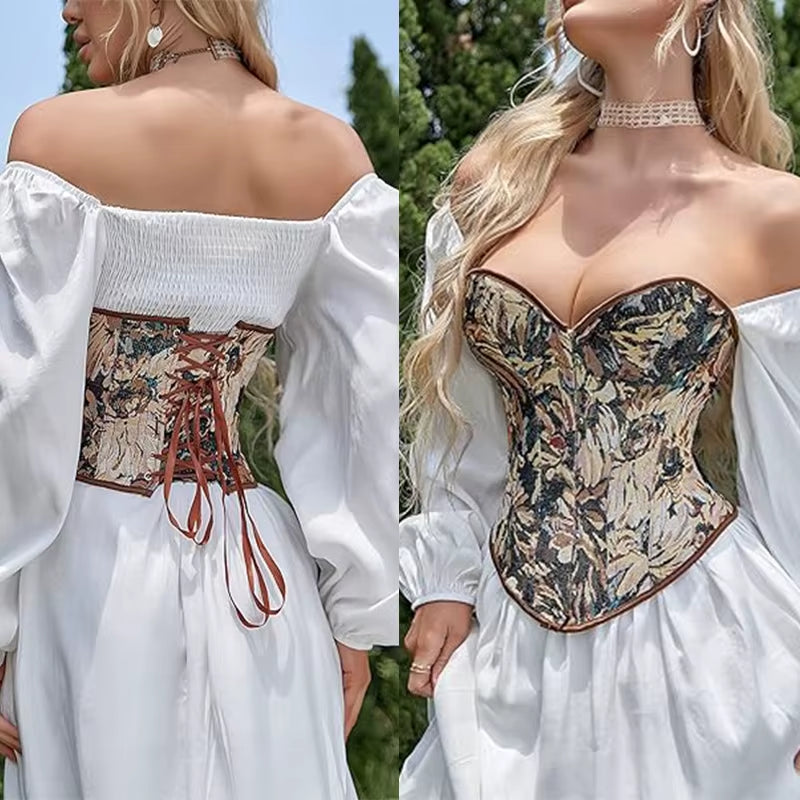 Short Tube Top Women'S Corset Monet Oil Painting Style Hot Girl Bone Overbust Corset Tummy Control Push up Breast Shaper